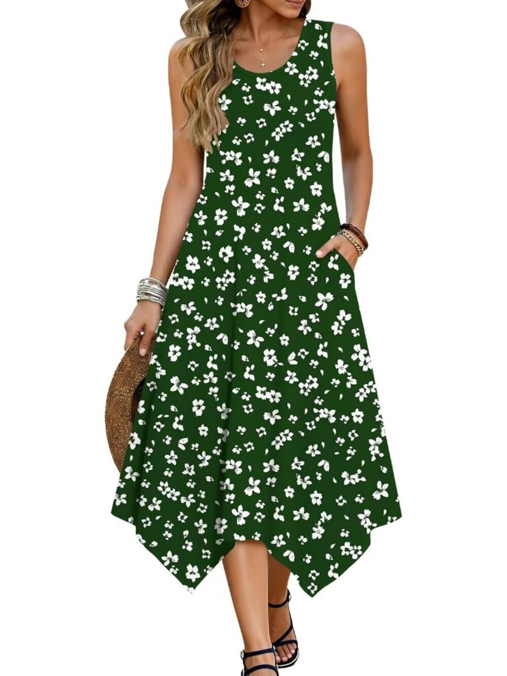 Hotouch Women's Floral Dark Green Sleeveless Sundress Hanker chief Beach Dress